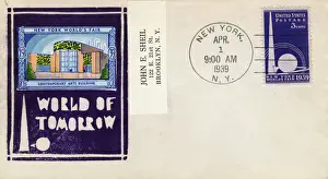 Drucke von Neues Jahr, Weltfairschau New Yorker Weltenmessen Welt der Morgenheit – Erster Briefumschlag mit linkshändiger Stempel zeigt das Gebäude für zeitgenössische Kunst. Datum: 1939 Zeitgenössische Kunst Drucke: Erster Tag der New Yorker Weltfairschau - Ersttagsbriefmarken
