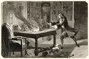 Drucke von ISAAC NEUTON Sein Hund Diamond stürzt einen leuchenden Kerzenstab um und zerstört die Ergebnisse von Jahren Arbeit (um 1689) Isaac Newton Drucke: Neuwells Hund Diamant