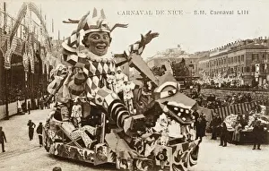 Drucke von Zweckmärchen Karneval, Frankreich – ein geschmücktes Boot mit einem Clown auf einer Drache Schön Drucke: Faszinierendes Karnevalsschau mit einem dekorierten Float