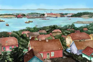 Drucke von Norwegen.Horten.Ihre Zeit um die Jahrhundertbeginn.Sicht der Stadt mit Hafen und Staatsarsenal sowie Eintreten einer spanischen Fregatte Blanca in den Trockendock Zeitgenössische Kunst Drucke: Norwegen, Horten, 19.Jhdt