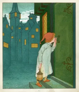 Drucke von Wir Wee Willie Winkie rennt durch den Ortsturm und die Treppe mit seinem Nachthemd an der Fensterkante hineinflüstert. 'Kriegen die Kinder ins Bett? Kinderzimmer Drucke: Wirr Wirli Winke