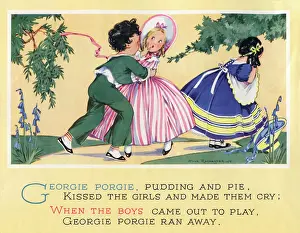 Drucke von Georgie Porgi, pudert und piefte die Mäde und machten sie weinen; wenn sich die Jungen ausgingen zum Spielen - lief Geogie Porge weg am 30. Juni um das Jahr 1930 Kinderzimmer Drucke: Der Kinderreim, der von Georgie Porgie und Pfannkuchen und Pie handelt