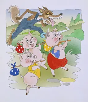 Drucke von Die Geschichte der drei kleinen Schweine und des großen bösen Wolfes, Gemälde von Malcolm Greensmith Kinderzimmer Drucke: Drei kleine Schweine bauten ein Haus aus Stroh