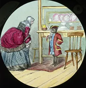 Drucke von Die Dame machte eine kurze Verbeugung, die Dame bereit zur Verbeugung und der Hund zum Knien im Küchenraum ist Teil des Kartons Nr. 52 aus der Sammlung von Boswell. Kinderlieder. Datum: um 1890 Kinderzimmer Drucke: Dame macht eine Kurtsalute