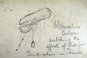 Great War Military Art Drucke: Observation Balloon watching the effects of Shell fire