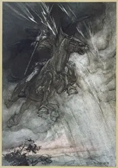 Nordische Mythologie Drucke: Odin / Wotan Reittet den Kutschenwagen von Rackham