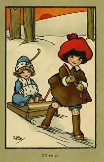 Kids Playing In Snow Drucke: Off we go -- children with a sled