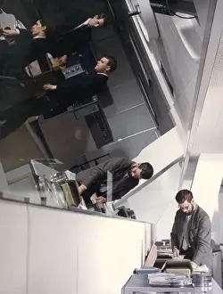 Futuristic Office Interior Drucke: Office scene with large angled mirror