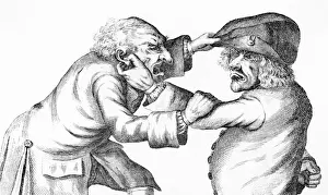 Drucke von Zwei alternde Männer mit Falten ziehen Gesichter gegeneinander an und reiben hart am Ohr ihres Gegners zu, während der andere versucht sein Gegenüber auf die Mütze zu reiben John Collier Drucke: Alter Männer kämpfen