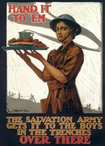 Drucke von Plakat zum Ersten Weltkrieg, das die Öffentlichkeit auffordert, Nahrung und Versorgungsmaterial für den Roten Kreuz Helfer zu spenden Erster Weltkrieg Drucke: Rettungsarmee/Erster Weltkrieg