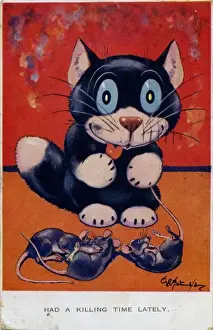 Vintage Cat Art Drucke: Ooloo the cat with dead mice