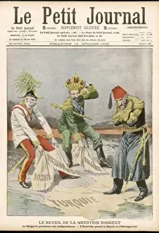 Drucke von Abdul Hamid II von der Türkei ist hilflos, als Teile des Osmanischen Reiches unter seinen Füßen geschlagen werden durch Bulgarien und Österreich Bulgarien Drucke: Osmanische Reich-Kartoon