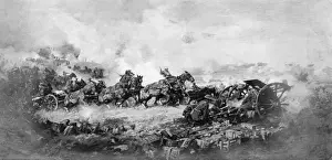Drucke von Malerei des australischen Kriegskünstlers Harold Septimus Power (1877-1971), die Artillerie im Angriff zeigt vor dem Gefecht von Ypres Verwandte Bilder Drucke: Malerei von HS-Power, Artillerie und Pferde in Ypres im Ersten Weltkrieg