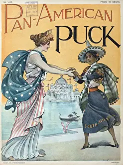 Drucke von Panamerikanischer Puck. Die Zeichnung zeigt Kolumbien eine Frau mit dem Etikett Südamerika willkommen zu begrüßen der Panamericanausstellung in Buffalo, Neuseeland Büffel Drucke: Panamerikanischer Puck