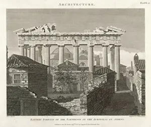 Drucke von Der östliche Portikus des Partheons über Nachbargewöhnungen gesehen Akropolis, Athen Drucke: Teil des Partenons