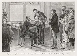 Drucke von Ludwig Pfister (1822-1895), französischer Chemiker und Mikrobiologe, überwacht eine Impfung gegen die Rabies-Erkrankung im Labor Louis Pasteur Drucke: Pasteurimpfung