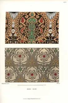 Chromolithograph Prints Art Drucke: Patterned silk fabrics from a cabinet of curiosities