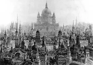 Drucke von Ein Zeichner zeigt einen Perspektivkonzeptus der Hauptwerke von Sir Christopher Wren (1632-1723). Die Gebäude aufgeführt sind St London Drucke: Blick über die Hauptgebäude von Sir Chr