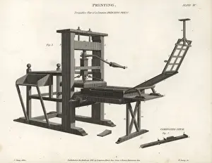 Abraham Rees Cyclopedia Prints Drucke: Perspective view of a common printing press, 18th century