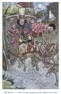 Drucke von Puppenmann - Der Esel warf den armen Marionettentier in die Mitte der Straße. Datum : 1911 Pinocchio Drucke: Papagei wirft Marionettentier