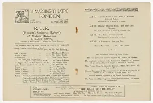Drucke von Das Programm zur ersten englischen Vorstellung des Stücks, auch bekannt als R.U.R., und von Karel Čapek geschrieben wurde, wenn es am St Martin's Theatre in London aufgeführt wurde Theater Drucke: Spiel / Kapck / R und R
