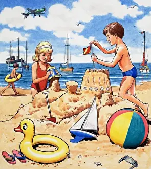 England Summer Holidays Drucke: Playing sandcastles