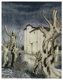 Drucke von Die Fall des Hauses Usher Der Reiter betrachtet die traurige Villa. Datum : Erst veröffentlicht : 1839 Edgar Allan Poe Drucke: Fallhaus des Poetischen Schreibers