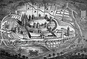 Drucke von Vogelsaugerpanorama von Pontefract-Kastell in Yorkshire wie es während des Bürgerkriegs aussah. Datum: 1648 Yorkshire Drucke: Pontriefract Schloss, Yorkshire