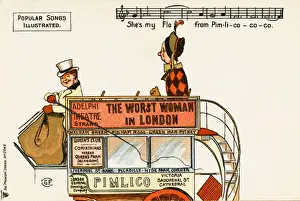 Drucke von Beliebte Lieder illustriert - Pimlico. Shes My Flo aus Pim-li-co-co-co - eine Dame, die auf den oberen offenen Deck des Pferdebus mit einem fröhlichen Fahrer steigt Pop-Art Drucke: Beliebte Songs illustriert - Pimlico