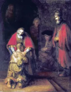 Drucke von REMBANDT, Harmenszoon van Rijn, genannt (* 1606 - * 1669) Rückkehr des Verratenen Sohnes (Rückkehr des Prodigalen Sohnes). 1668. Barockkunst. Öl auf Leinwand. RUSSLAND. Sankt Petersburg Rembrandt Drucke: Rembrandt, Sohn von Harmen aus dem Rhein genannt