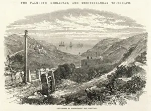 Drucke von Das Porthcurno-Kabelterminaal in Kornwall, gebaut von der Falmouth-Gibraltar-Malta-Telegraph-Firma Malta Drucke: Kabelstation Porthcurno