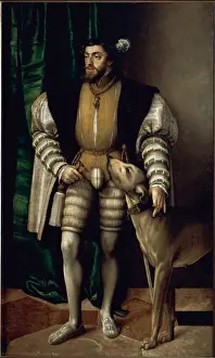 Drucke von Karl V., Heiliger Römischer Kaiser (1500 - 1558) Die Porträt von Karl V mit einem Hund , 1533, von Tizian (1488 - 1576). Öl auf Leinwand. Museo del Prado . Madrid, Spanien Tizian Drucke: Porträt des Kaisers Karl V mit einem Hund von Tizian aus dem Jahr 1533