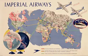 Drucke von Plakat für Flüge von Imperial Airways um die Welt, im Zusammenarbeit mit der Cunard White Star-Kreuzfahrt nach Europa Verwandte Bilder Drucke: Plakat zur Werbung für Imperial Airways