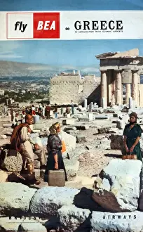 Drucke von Plakat, Flug von British European Airways (BEA) nach Griechenland zusammen mit der Olympic Airline zeigt die Akropolis im Athen des Films 'Junge auf einem Delfin'. Datum: 1958 Poster Drucke: Plakatsender, Fliege mit BEA nach Griechenland
