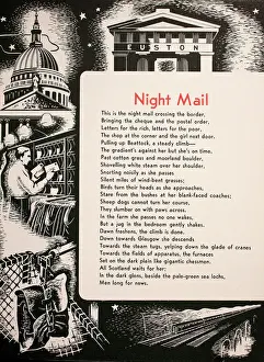 Drucke von Plakatsendung, Nacht-Post, zitiert einen Teil des Gedichtes von W. H. Auden für und erzählt im Dokumentarfilm gleichen Namens (1936), um die Jahrtausende herum London Drucke: Plakatschild, Nachtbrief