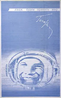 Drucke von Männer und Frauen , lasst uns Frieden schützen! Der Kosmonaut Gagarin ist ermächtigt einen politisch unbedenklichen Ausspruch zu machen Erforschung Des Weltraums Drucke: Plakatt; Frieden