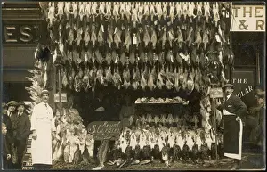 Drucke von Ein feiner Weihnachtsmarkt von einem Schreinermann/Fischhändler aus Basingstoke, Hampshire: hauptsächlich Vögel aber auch ein königlicher Sturio und Werbung für T-Walls Würste Stör Drucke: Fleischhändler - Fischer