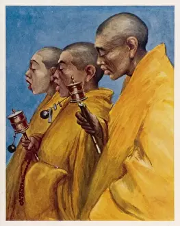 Tibetan Buddhism Images Drucke: Prayer Wheels in Use