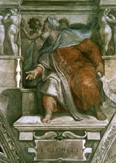 Drucke von Ezechiel (622-570 v Chr.). Hebräischer Prophet . Porträt . Mosaik von Michelangelo . Decke der Sixtinischen Kapelle , 1508 - 1512, Apostolische Palast, Vatikanstadt Fresken Drucke: Ezechiel der Prophet