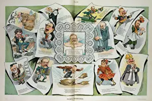 Drucke von Pucks Valentinstage. Eine Illustration zeigt im Zentrum eine Valentine-Karte mit Präsident Theodore Roosevelt als Cupid umgeben von anderen Valentinkarten mit zwei europäischen Führern (Wilhelm II) Industrielle Drucke: Valentin-Pucke