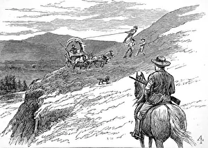 Ein Wagen ziehen Sie über eine steile Hangkante in Yellowstone im Jahr 1883