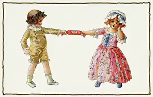 Vintage Christmas Images Drucke: Pulling an Xmas cracker