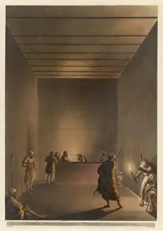 Drucke von Kammer und Sarcophag im Großen Pyramiden von Gizchah, mit Männern am Licht der Fackel Ägyptische Pyramiden Und Gräber Drucke: Pyramidenkammer / Gizeh