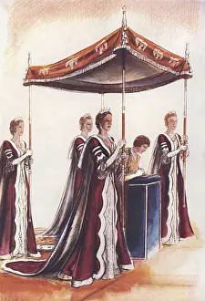 Historical British Royalty Photos Drucke: The Queen and her canopy bearers