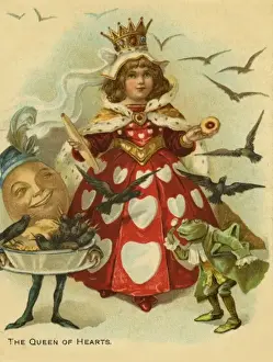 Drucke von Die Königin der Herzen hat einige Torte gemacht ... hier ist sie zusammen mit einem Teig enthaltenen schwarzen Vögeln , einer Servierkarte in Form von Humpty Dumpty und grünen Fussmann . 19.Jh Kinderzimmer Drucke: Die Königin der Herzen