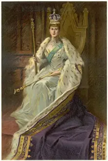 King George V Wife Drucke: Queen Mary on Throne