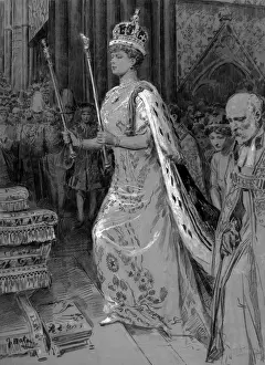 Queen Mary Coronation Drucke: Queen Marys procession to the throne