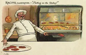 Drucke von Rennsportillustriert - Die Münze legt sich auf Ein fröhlicher französischer Koch arbeitet im großen Restaurantkeller und gibt eine Bestellung von Rindersteaks unter den Grill Küche Drucke: Rennfahrer-Illustrirert - Die Münzen setzen