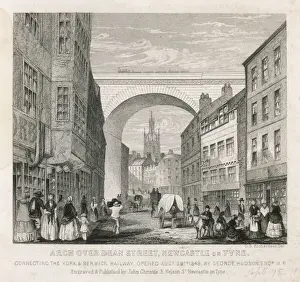 Drucke von Der Eisenbahnhang in der Deansgate über die Stadt Newcastle unter Tyne verbindet den Bahnhof von York und Berwick Railway. Es wurde am 29.August 1848 vom Abgeordneten George Hudson eröffnet Eisenbahn Drucke: Bahnarkitektur Nechellsburg