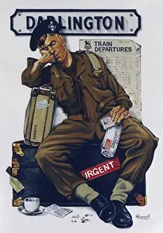 Drucke von Ein erschöpfter Einwanderer auf der Nationale Dienstzeit schlafen am Bahnhof von Darlington in Routen zum oder vom Sitz des Nordmilitärbasises in Catterick, York. Gemälde von Malcolm Greensmith Schlafzimmer Drucke: Der Eisenbahnkissen